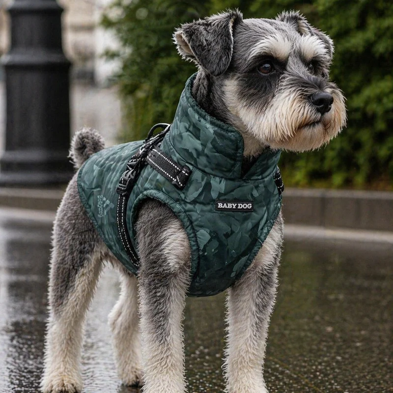 Chubasquero para perro impermeable con arnés integrado. Color verde camuflaje