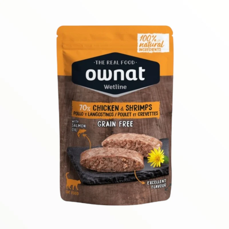 Ownat Pouche Pollo y Langostinos para Gatos — Comida Húmeda Sin Cereales