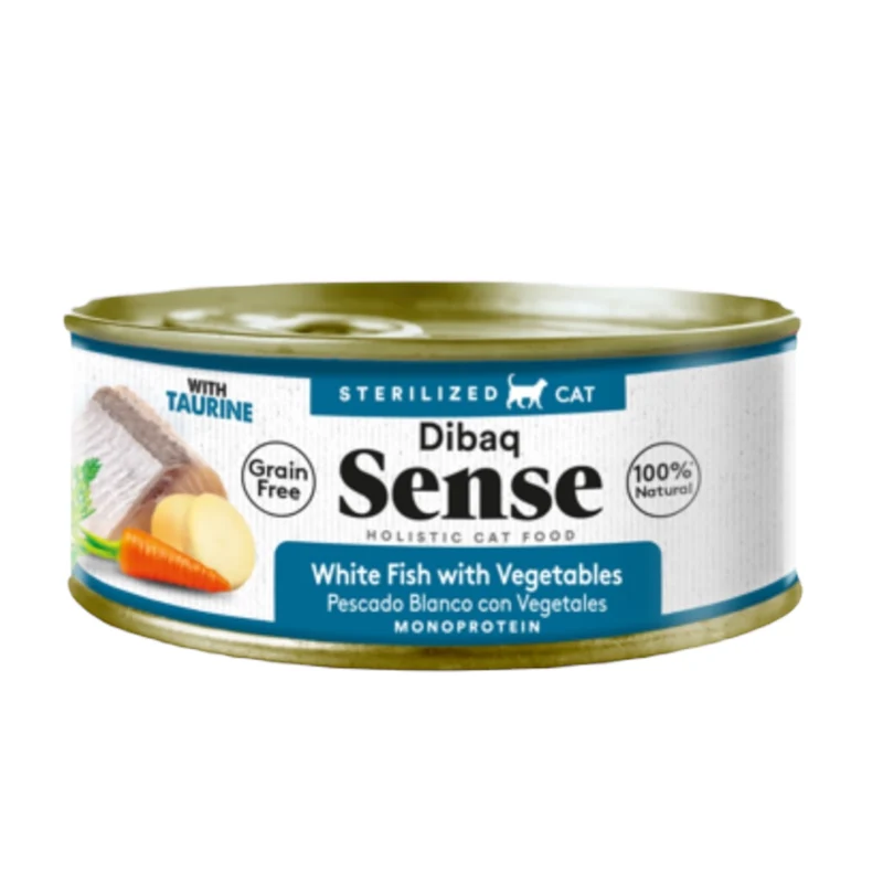 Dibaq Sense Cat Pescado Blanco y Vegetales 70g — Comida Húmeda Sin Pollo para Gatos Esterilizados