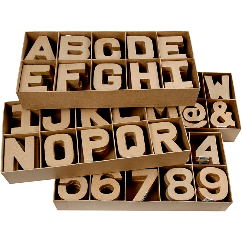Letras, números y símbolos de papel maché - 160 unidades