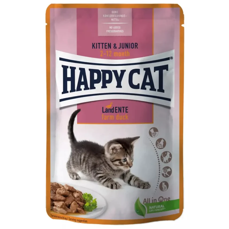 Happy Cat Kitten y Junior Landente Pouch 85 g (Pato)