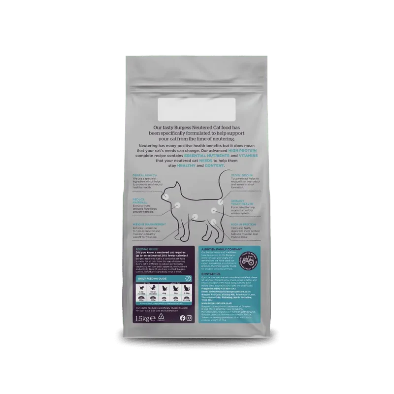 Burgess Neutered Cat Chicken Dry Cat Food 1.5KG - Pack Of 8