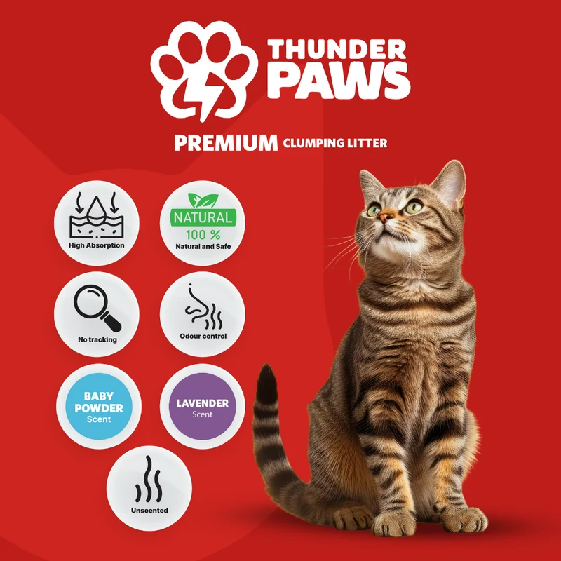 Thunder Paws Premium Hard Clumping Clay Baby Powder Scent Cat Litter 10L - Pack of 3